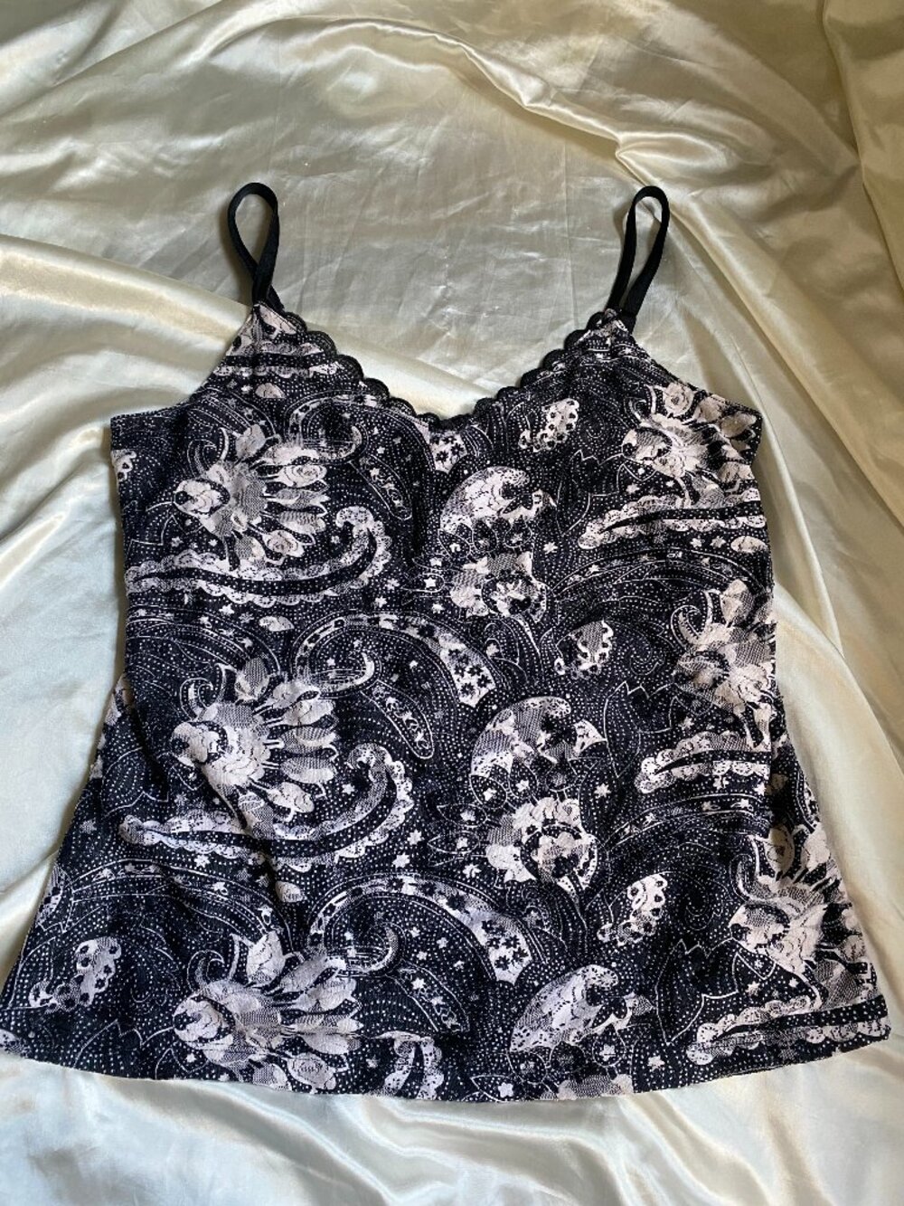 Vintage y2k Black White Lace Paisley Camisole Whimsygoth Fairy Size 14